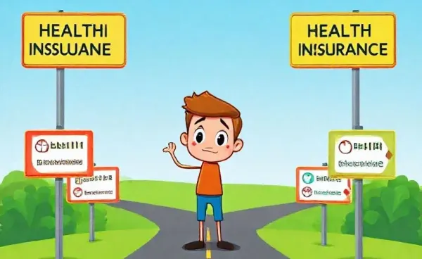 A person confused at a fork in the road, choosing between different health insurance plans