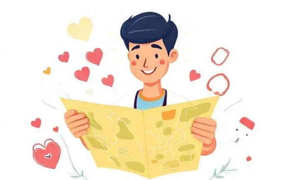 Cartoon illustration of a person with a map and health symbols.