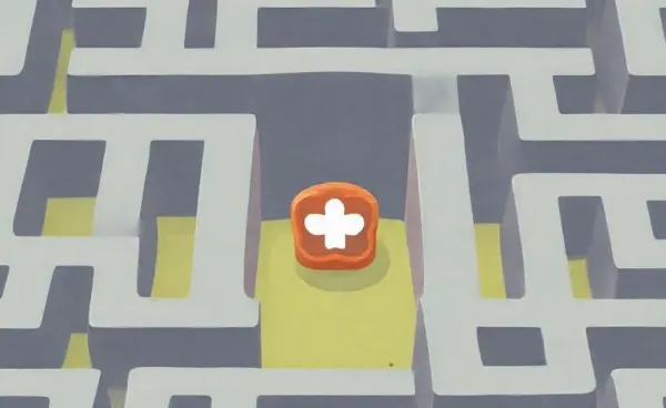 A maze with a healthcare symbol at the entrance.
