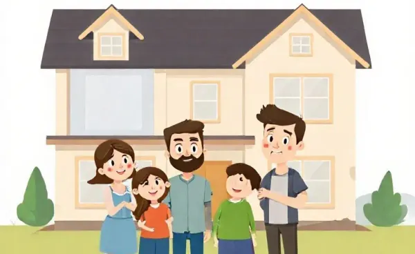 A family standing in front of a partially built home, expressing mixed emotions.