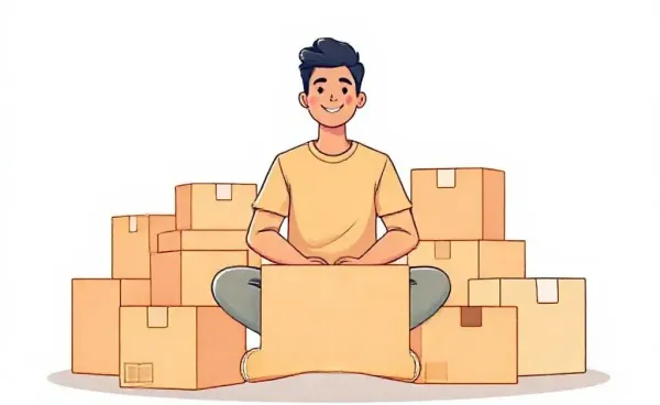 Person surrounded by moving boxes, looking content and anticipatory