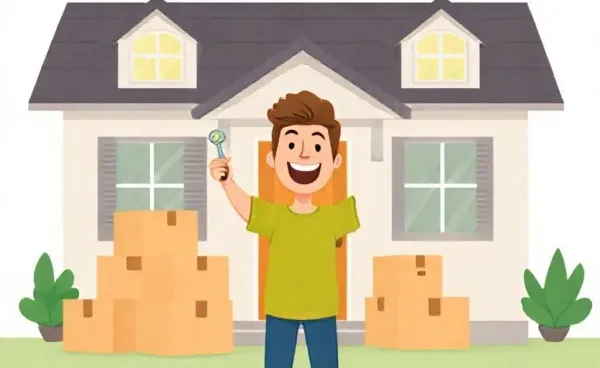 A person holding a house key next to a new home with boxes around