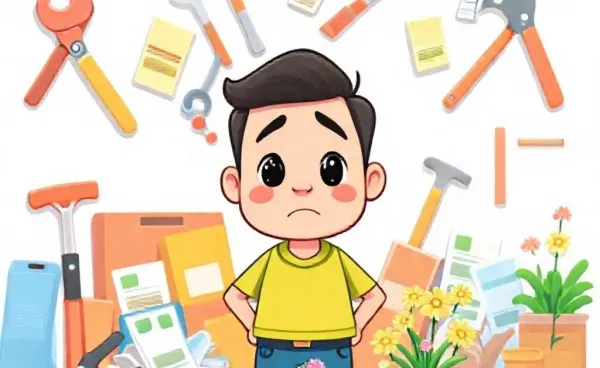 A puzzled homeowner surrounded by repair tools, bills, and a tiny garden