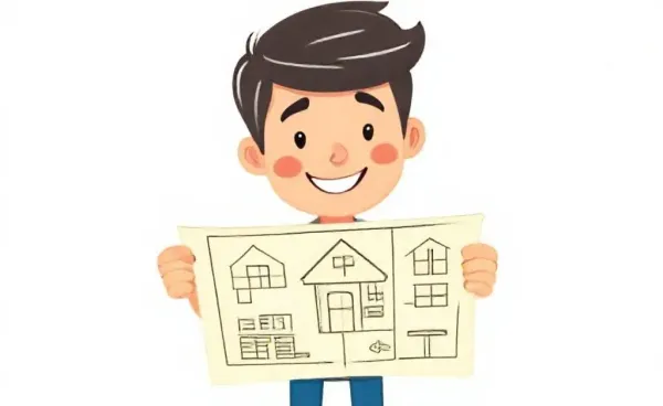 A cartoon person with a house blueprint and an optimistic expression