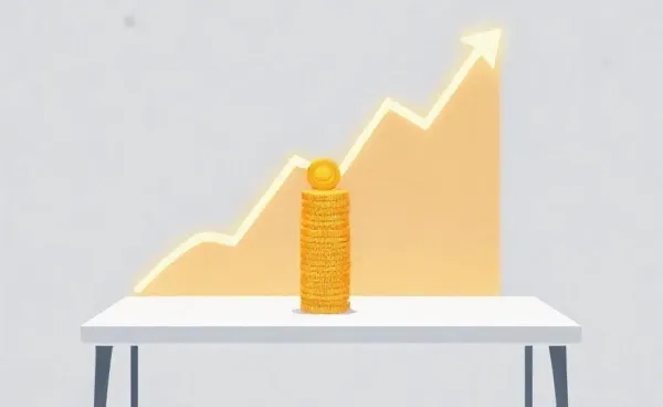 Illustration of person balancing coins with rising graph background