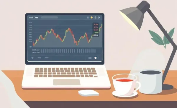An organized office workspace with financial graphs on the laptop screen