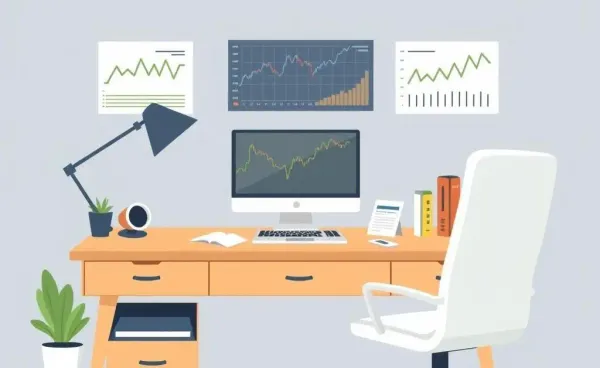 A cartoon investor at a desk with international market charts