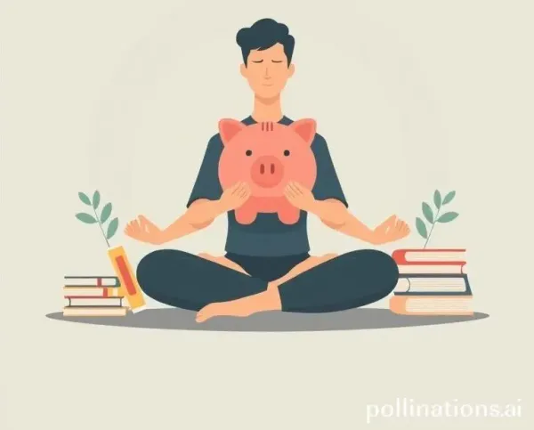 A person meditating with a piggy bank and books around them, symbolizing investing in personal growth.