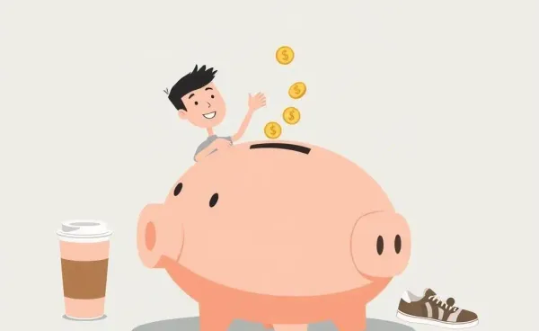 Person tossing coins into a piggy bank with household items around
