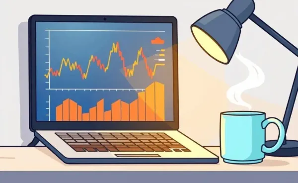 Cartoon-style desk setup with financial charts and stock graphs on a laptop screen