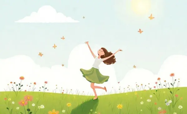 Illustration of a person dancing joyfully in a sunny field