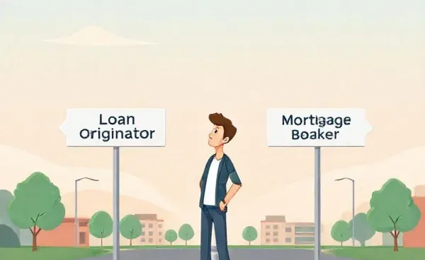 A cartoon illustration of a person deciding between becoming a Loan Originator or a Mortgage Broker with directional signs
