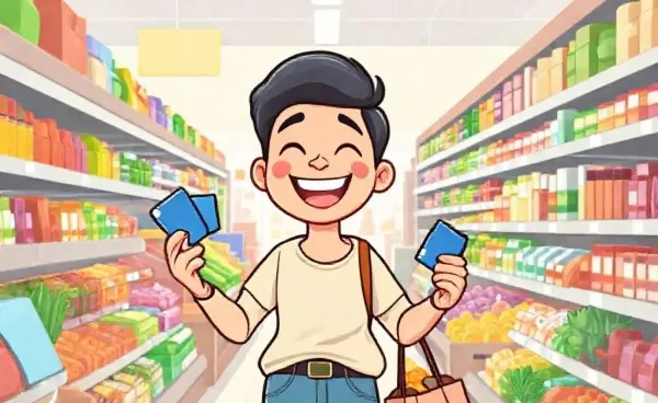 Illustration of someone shopping with credit cards at a grocery store