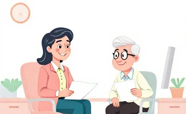 An agent smiling while helping a senior with Medicare documents.