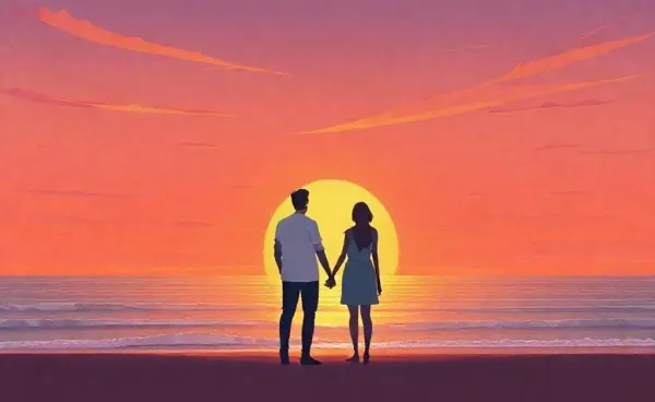 A couple holding hands at a scenic beach during sunset