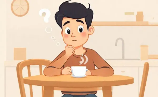 A person contemplating mortgage options at a kitchen table with a cup of coffee.