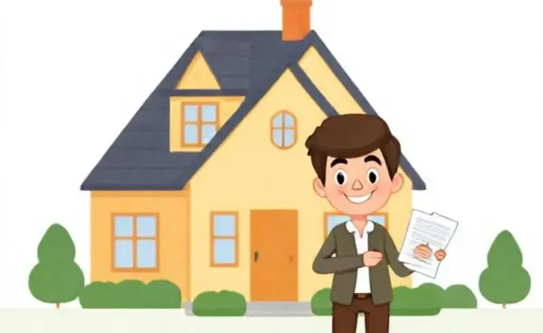 A person standing confidently in front of a house with papers.