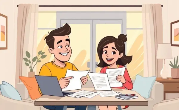 A couple happily reviewing mortgage documents at their kitchen table.