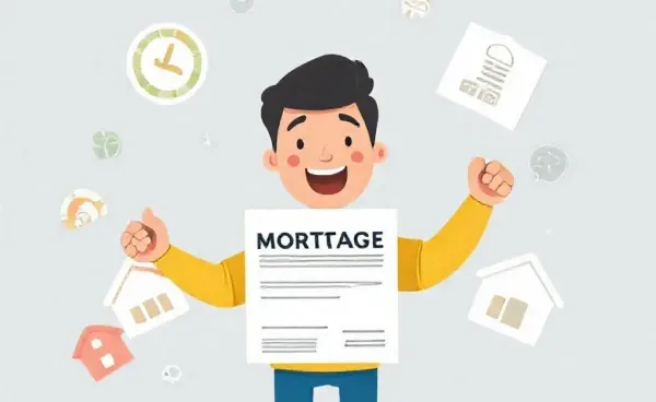 Illustration of a person with a mortgage contract and finance symbols