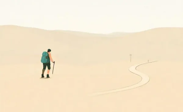 A cartoon illustration of a hiker deciding which path to take on a winding road, symbolizing market uncertainties.