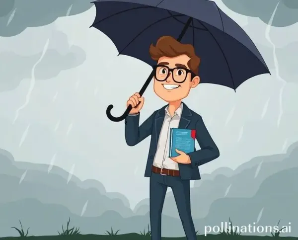 A person confidently facing financial uncertainty with a guide and umbrella.