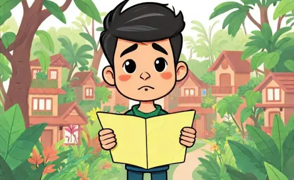 Cartoon-style image of a person in a jungle-themed neighborhood holding a map