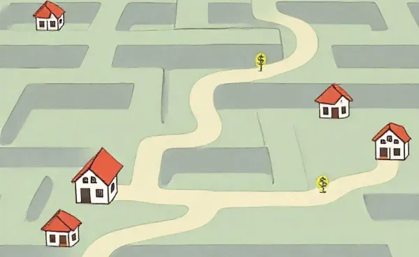 A maze illustration with houses and dollar signs representing mortgage choices