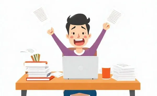 A new loan broker eagerly working at a busy desk with paperwork and a laptop.