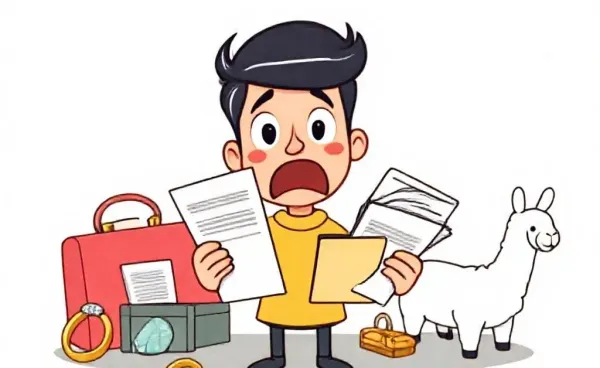 A cartoon of a surprised person with insurance papers and extravagant objects.