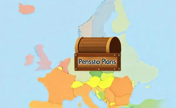 Map of Europe with a treasure chest labeled 'Pension Plans'.