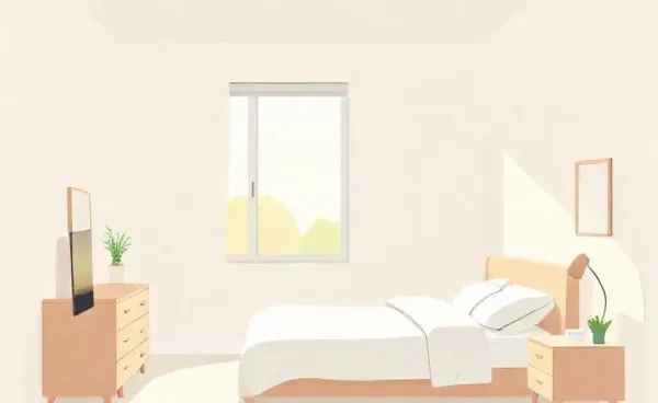 A cartoon-style peaceful and organized bedroom with the morning sun.