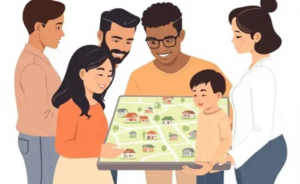 A family exploring a digital map for home options