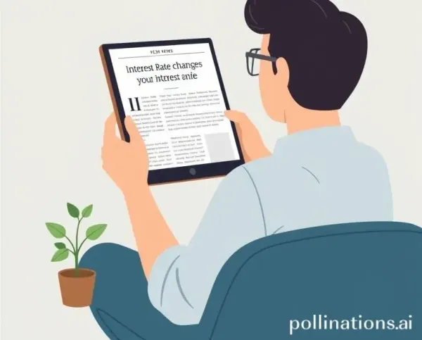 Person reading an article about interest rate changes while a plant grows next to them.