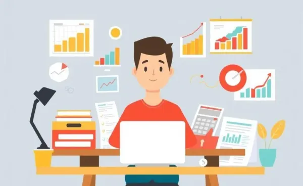A friendly person managing personal finances at a desk with various tools.