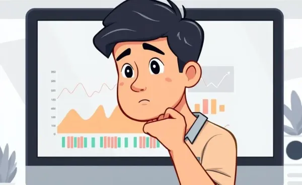 A cartoon person pondering over a financial document with a declining chart in the background