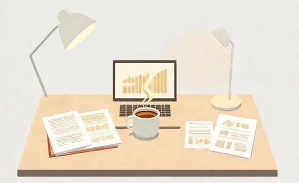 A desk set up for a private equity interview with financial documents and a laptop.