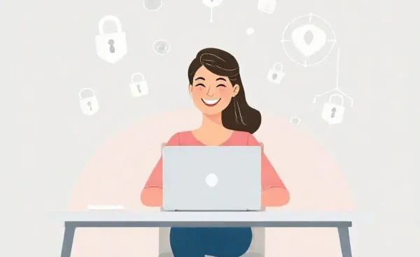 Illustration of a woman securing her bank account online