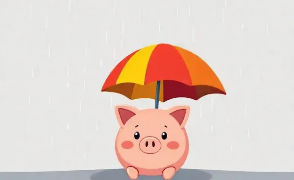 Illustration of a piggy bank with an umbrella signifying a rainy day fund