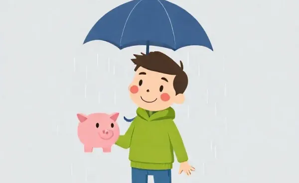 Person holding a piggy bank under an umbrella in the rain.