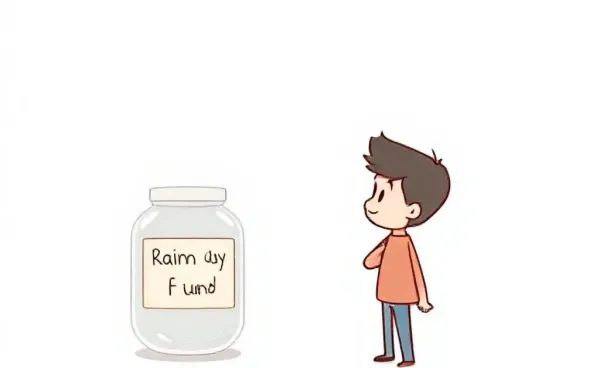 Illustration of a person with a savings jar labeled 'Rainy Day Fund'