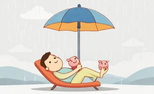 Person with umbrella and piggy bank symbolizing financial protection