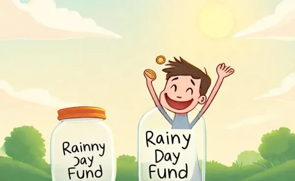 Person saving money into a jar labeled 'Rainy Day Fund'