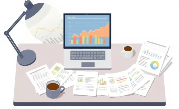 A desk with a planner, coffee cup, and a laptop showing graphs.