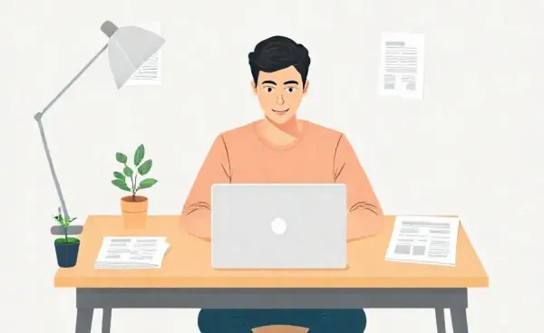 A young investor working on property management tasks at a desk