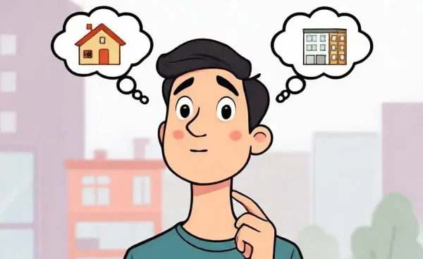 Cartoon of a person deciding between renting and buying a home