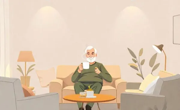 A retiree comfortably sitting in a cozy living room with minimalist decor