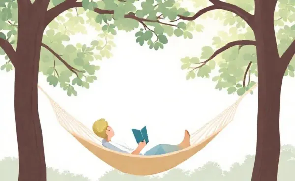 Illustration of a person in a hammock with a book, representing relaxation in retirement