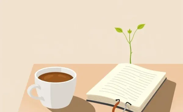 Illustration of a calm morning scene with breakfast and planner