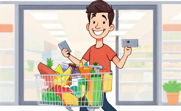 A cheerful shopper exiting a grocery store with a cart and credit card.
