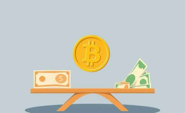 A digital coin balancing on a see-saw with traditional bank notes